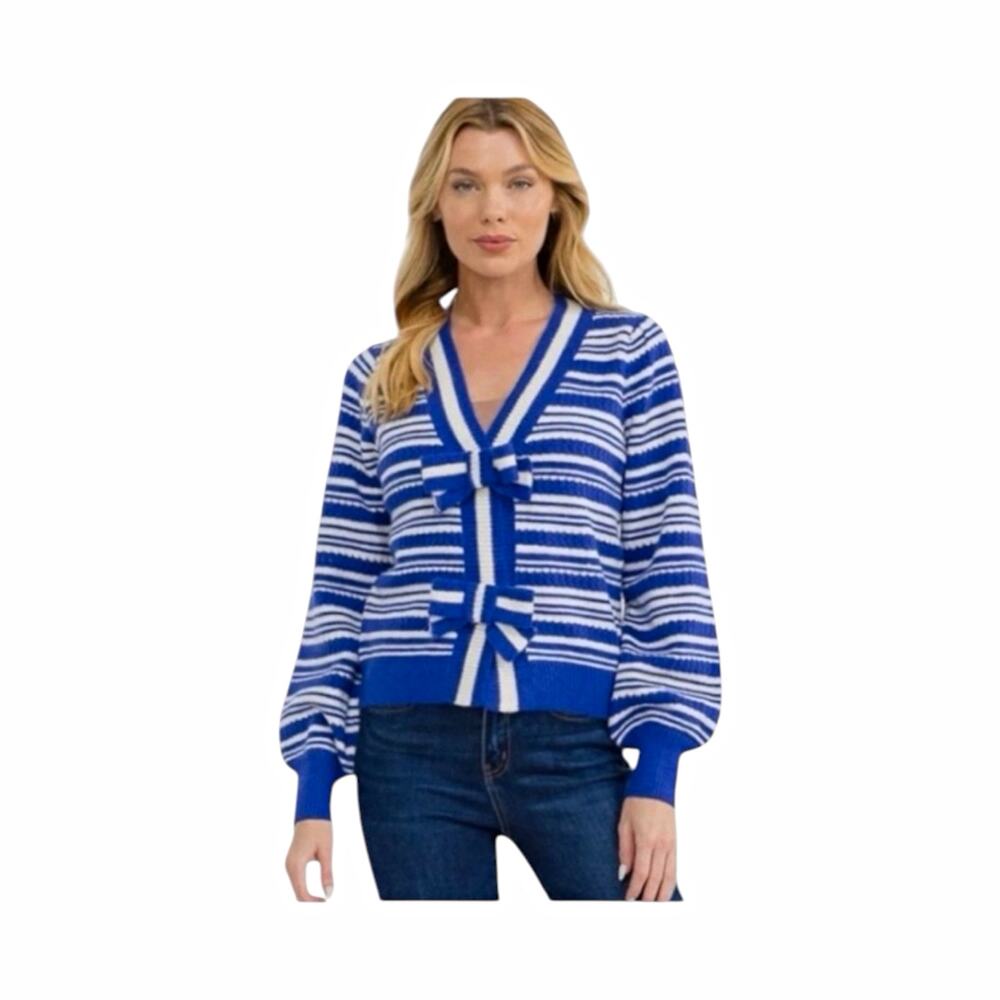 In The Beginning Bow Cardigan Small Blue White Stripe Preppy Knit NWOT